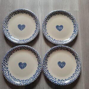 Set Of 4 Heartland Folk Plates With Blue Heart & Speckled Rim Ceramic Dinnerware